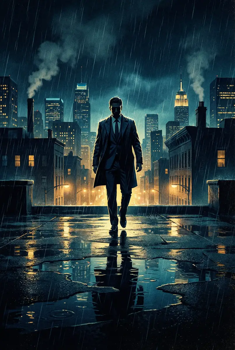 暗许(1v1 年下)不灵塔 出品影片《雨夜独行者》海报，雨中城市屋顶男性剪影
